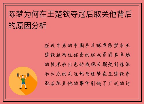 陈梦为何在王楚钦夺冠后取关他背后的原因分析 陈梦为何在王楚钦夺冠后取关他背后的原因分析