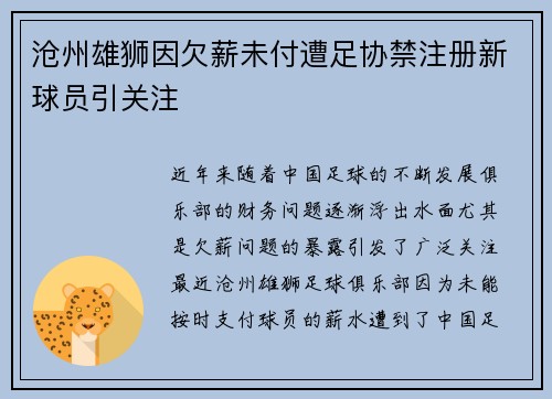 沧州雄狮因欠薪未付遭足协禁注册新球员引关注