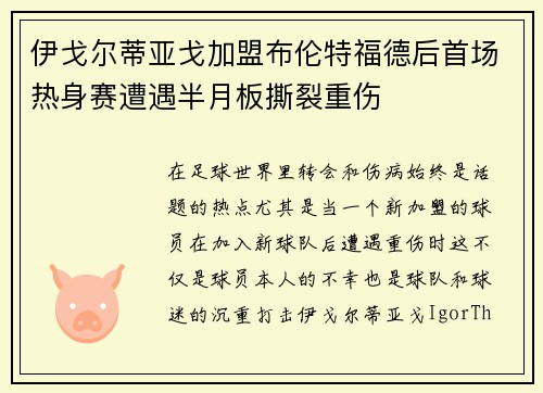 伊戈尔蒂亚戈加盟布伦特福德后首场热身赛遭遇半月板撕裂重伤